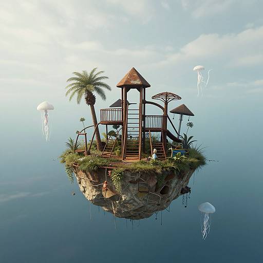 Fantasy CGI image of a floating island with a wooden tower, palm tree, umbrella, and jellyfish in a calm blue ocean.