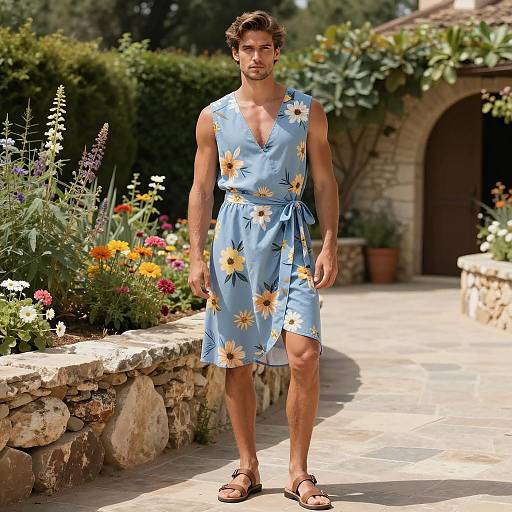 Man in Floral Blue Wrap Dress Outdoors