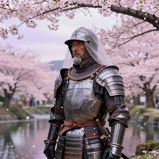 Photorealistic digital art: medieval knight in silver armor with transparent veil, cherry blossoms background, standing by serene pond, soft pink petals.