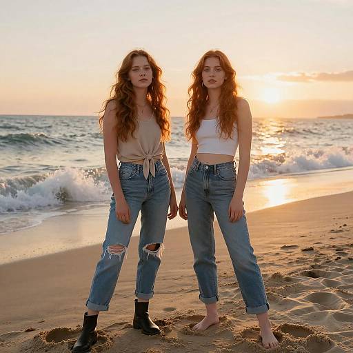 Photograph of two young women with long, wavy red hair, wearing tied crop tops and ripped jeans, standing on a sandy beach at sunset,