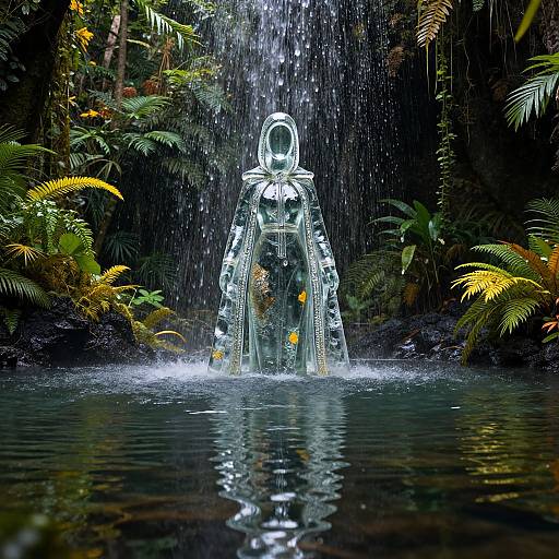 Photograph of a glass sculpture of a figure with flowing arms, standing in a rain-fed pond, surrounded by lush, green tropical foliage. Water casc