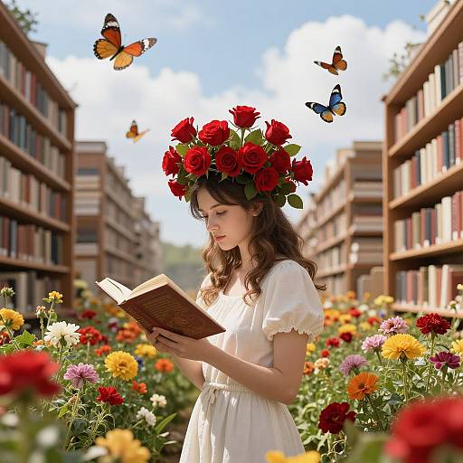 Photograph of a young woman with a red rose flower crown, white dress, reading in a sunlit library surrounded by colorful flowers and butterflies.