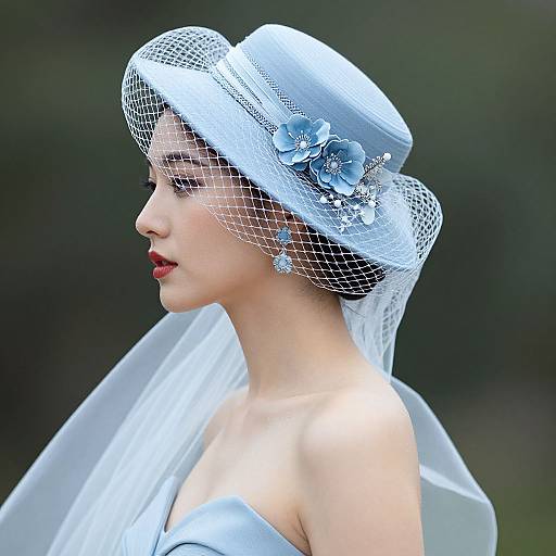 Photograph of an elegant Asian woman with fair skin, red lipstick, wearing a white lace veil, blue flower-adorned hat, and strapless