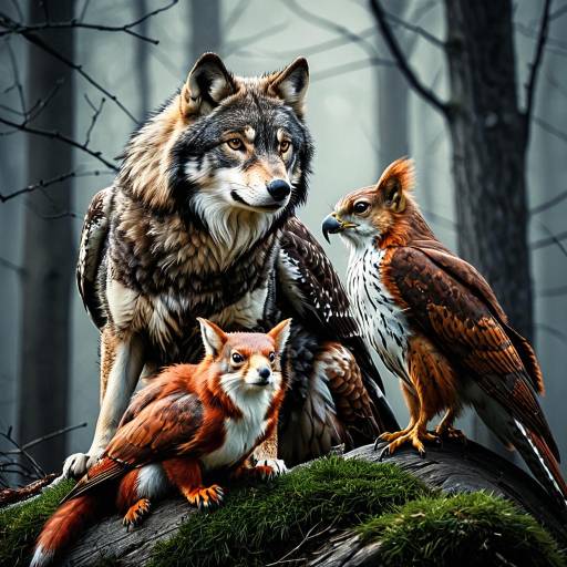 Hyper-realistic Wolf, Red-Tailed Hawk, and Red Squirrel Hyper-realistic Wolf, Red-Tailed Hawk, and Red Squirrel