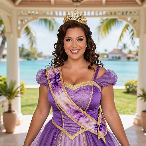 Photograph of a smiling woman with curly brown hair, wearing a purple and gold princess dress with a tiara, standing in a sunny, tropical pav