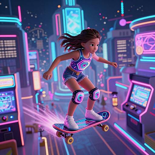 Digital art of a young girl with dark hair skateboarding through a neon-lit, futuristic city, wearing a galaxy tank top, denim shorts, knee