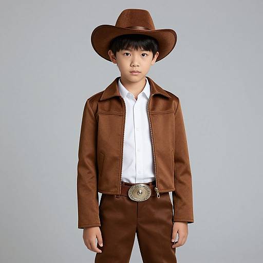 Young Asian boy in brown cowboy hat, leather jacket, white shirt, and brown pants, with a large belt buckle, standing against a light blue background