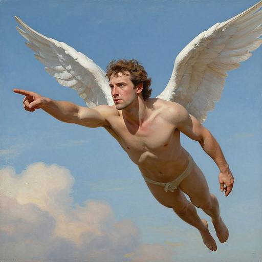 Photorealistic digital artwork of a muscular, shirtless, brown-haired man with white angel wings, pointing forward, wearing only a white loincloth