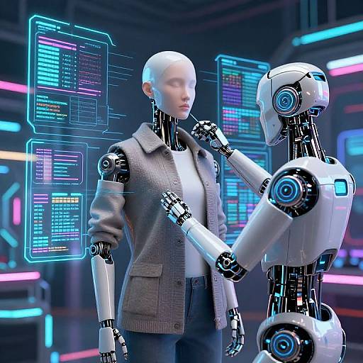 Photorealistic CGI of a bald human in a gray blazer interacting with a futuristic white robot in a neon-lit tech lab.