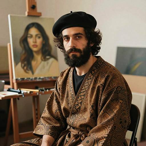 Photograph of a bearded Middle Eastern artist with curly hair, wearing a black beret and brown patterned robe, sitting in front of an eas