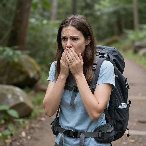 Concerned Woman on Forest Trail