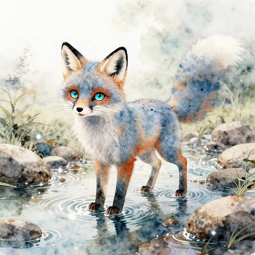 Digital painting of a vibrant, blue-eyed red fox standing in a rocky, shallow stream, with ripples and soft, colorful background.