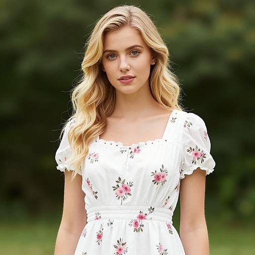 Blonde Girl in Floral White Dress