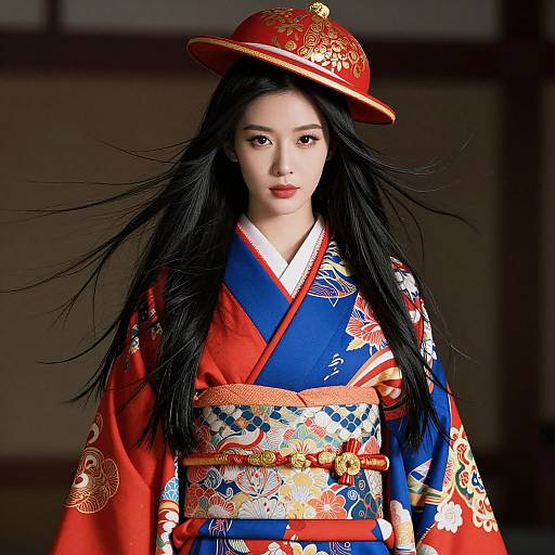 Photograph of an East Asian woman with long black hair, wearing a vibrant red and blue kimono with intricate floral patterns, and a matching red hat