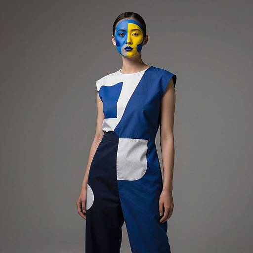 Photograph of a woman with blue and yellow face paint, wearing a sleeveless navy and white geometric dress, standing against a gray background.