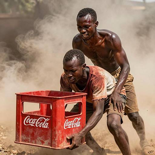 Two African Men Struggling with Coca-Cola Crate in Dusty Environment