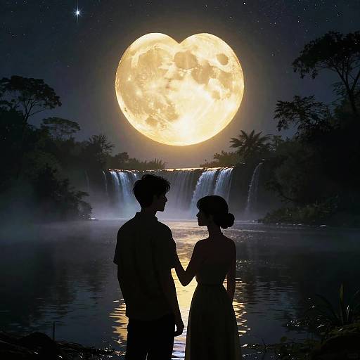 Silhouetted couple holding hands in front of a luminous full moon, cascading waterfall, and starry sky over a reflective lake.