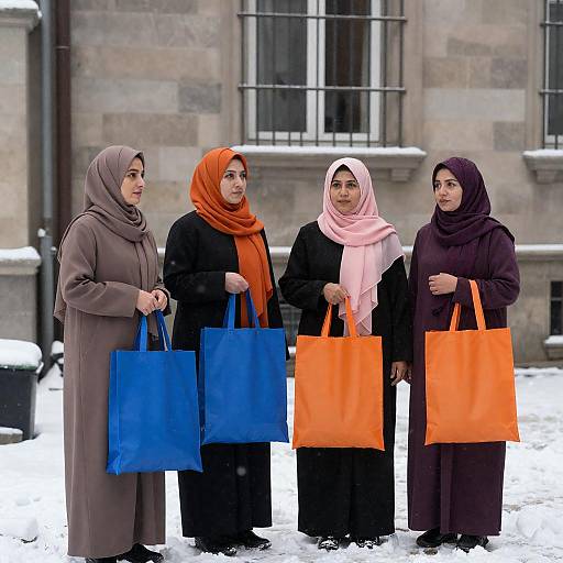 Four Women in Snowy Urban Alley