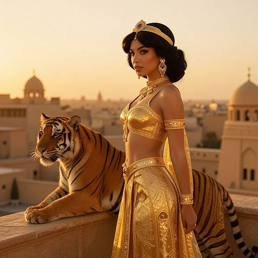 Photograph of an Indian woman in gold traditional attire with jewelry, standing beside a tiger on a rooftop at sunset, with architectural domes in the background