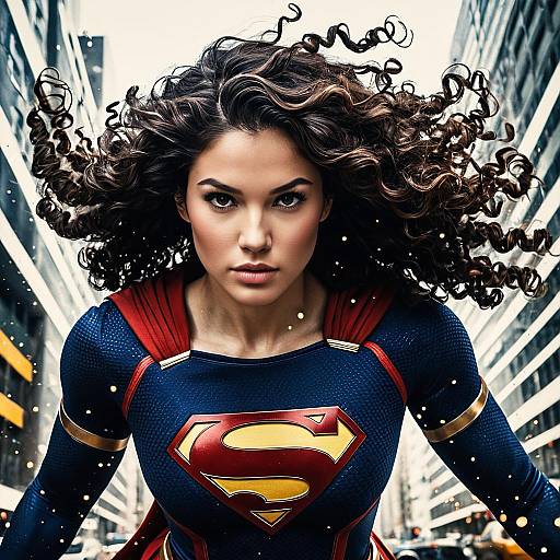 Supergirl Flying with Curly Hair in Cityscape