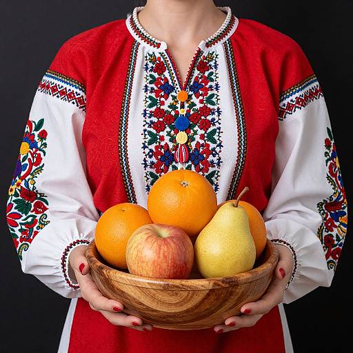 Woman in Ukrainian Attire with Fruits