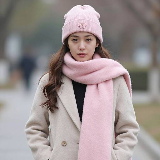 Photograph of an Asian woman with long brown hair, wearing a pink beanie, pink scarf, and beige coat, standing on a blurred, tree