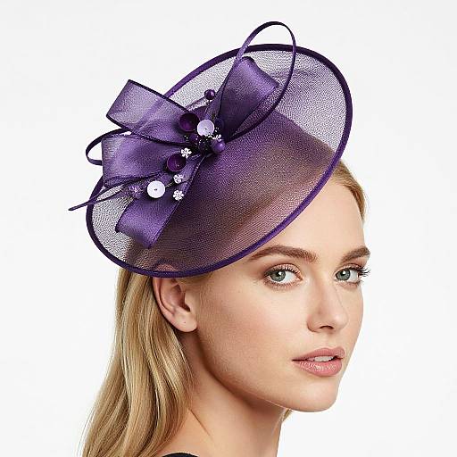 Photograph of a blonde woman with fair skin wearing a purple, mesh fascinator hat adorned with white pearls, against a white background.
