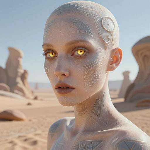 CGI image of a bald, pale-skinned alien woman with glowing yellow eyes, intricate circuit patterns on her face, standing in a desert with rock