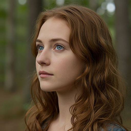 Photograph of a young woman with fair skin, blue eyes, and wavy auburn hair, gazing upward in a forested background.