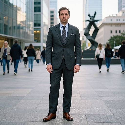 Photograph of a tall, bearded man in a dark gray suit, white shirt, and blue tie standing in a busy urban plaza with modern buildings