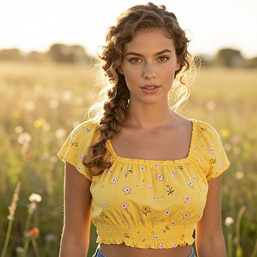 Photograph of a young woman with wavy brown hair in a braid, wearing a yellow floral crop top, standing in a sunlit field with