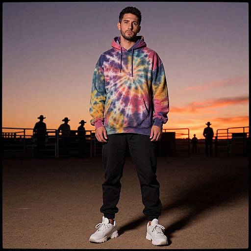 Photograph of a bearded man in a tie-dye hoodie, black pants, and white sneakers, standing against a sunset sky with silhouet