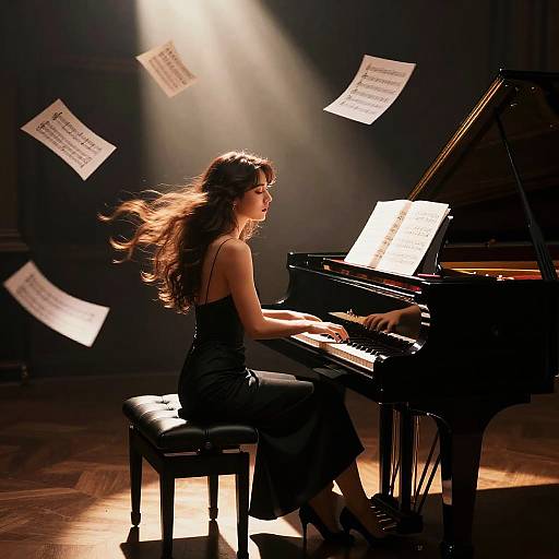 Photograph of a long-haired woman in a black dress playing a grand piano, with music sheets floating around illuminated by spotlight in a dimly lit concert