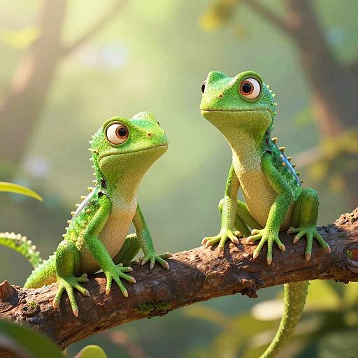 Vibrant 2D Emerald Green Lizards