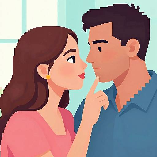 Digital illustration of a brown-haired woman in a pink shirt and a dark-haired man in a blue shirt, touching noses, with a light blue background.