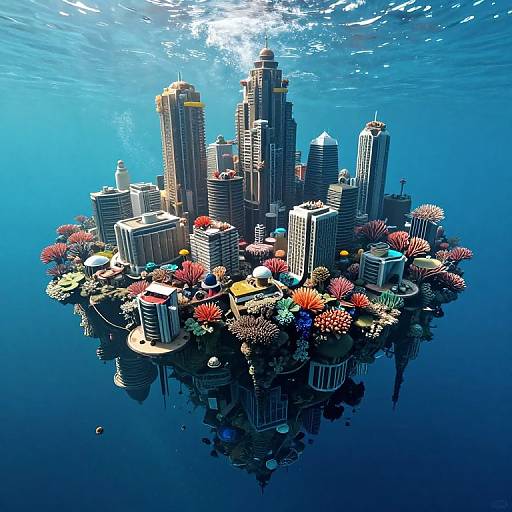 Photograph of a surreal underwater cityscape, featuring colorful coral reefs surrounding towering, modern skyscrapers, all bathed in bright sunlight.