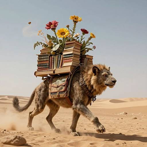 Photorealistic digital art of a muscular, furry lion with a backpack of books and colorful flowers, walking through a sunny desert.