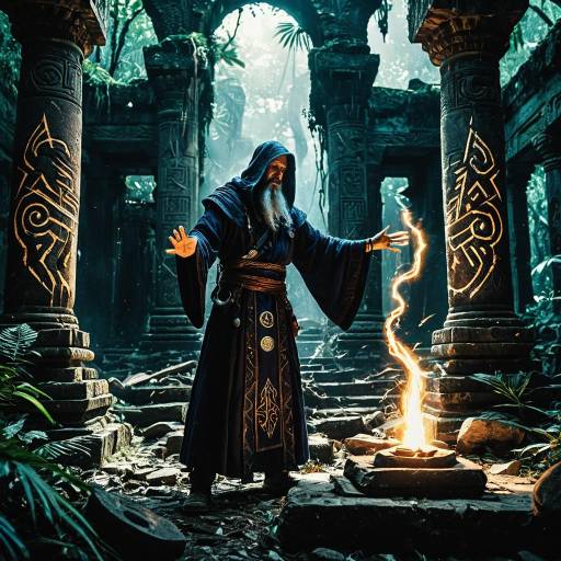 Ancient Mage Summoning Magic in Jungle Temple