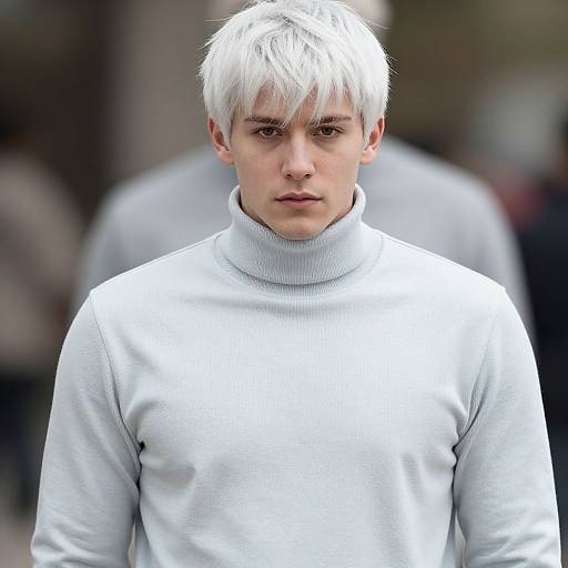 Photograph of a young man with striking white hair, wearing a white turtleneck sweater, standing in a blurred urban background.