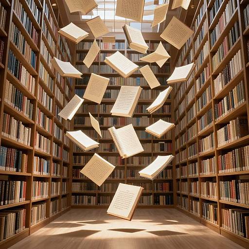 Photograph of a library with floating, illuminated book pages suspended above wooden bookshelves filled with colorful books. Sunlight filters through overhead skylight