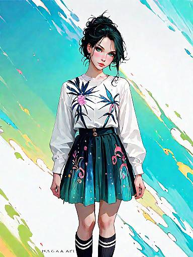 Renaissance Print Top with Neon Trim Skirt