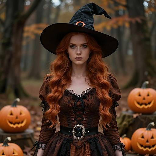 Young Woman in Witch Costume with Pumpkins