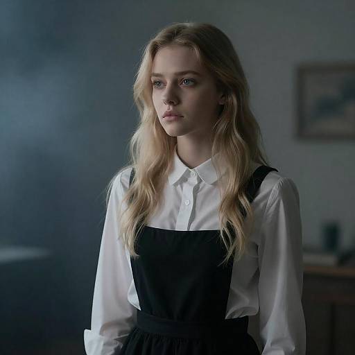 Moody Portrait of Blonde in Pinafore