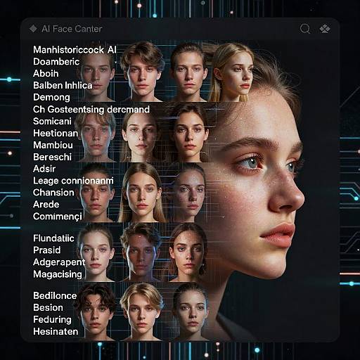 Photorealistic CGI image of a woman's face overlaid with 15 labeled headshots of various characters in a digital interface.