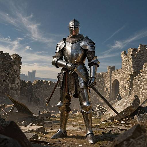 CGI image of a knight in shiny silver armor standing with a sword in a ruined medieval castle under a bright blue sky.