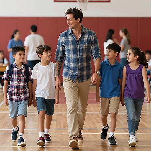 Teacher Walking with Students in School Gym