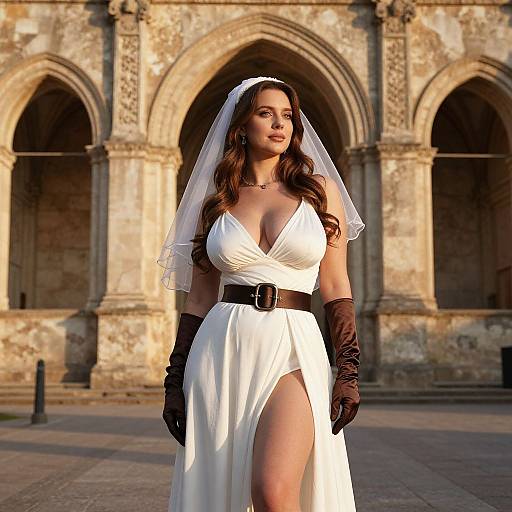 Photograph of a brunette woman in a white, low-cut bridal gown with black gloves and veil, standing in front of a stone archway with three