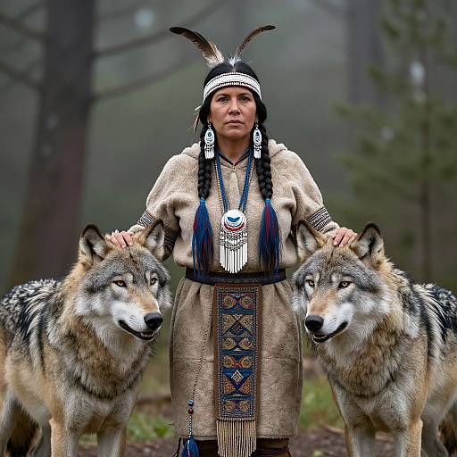 Native American Woman with Wolves