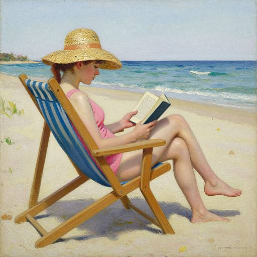 Photorealistic painting of a fair-skinned woman in a pink swimsuit and straw hat, reading a book on a blue-striped beach chair, with