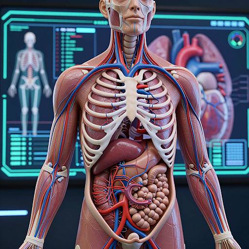 CGI anatomical illustration of a human torso, showcasing detailed skeletal, muscular, vascular, and organ systems against a futuristic medical screen background.